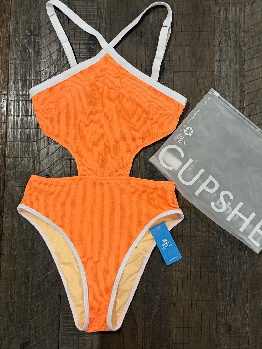 Cupshe Tangerine Ribbed Cut-Out One Piece Swimsuit High Neck Monokini S